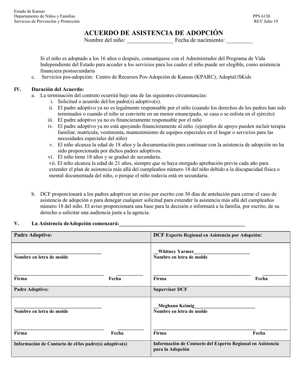 Formulario PPS6130 Acuerdo De Asistencia De Adopcion - Kansas (Spanish), Page 3