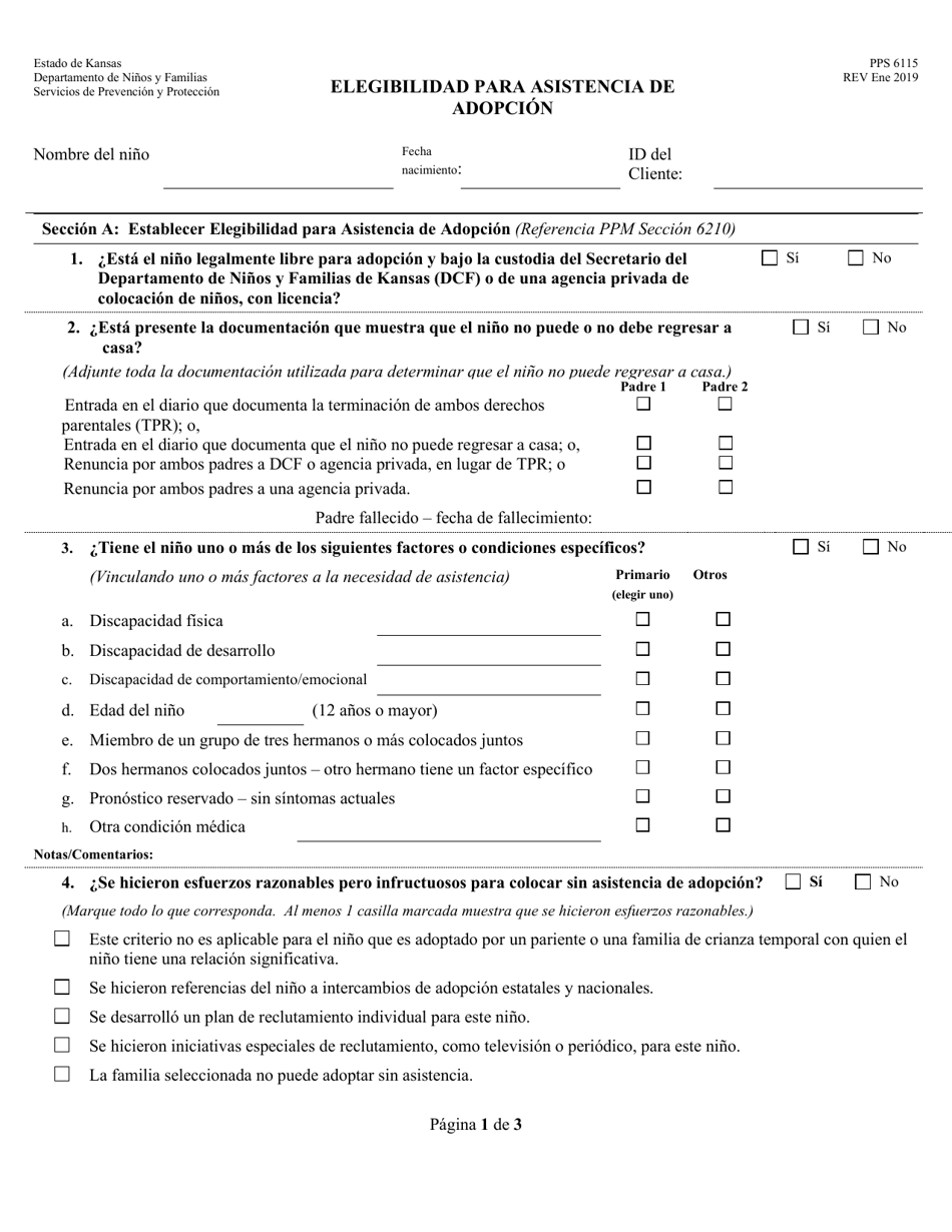 Formulario PPS6115 Elegibilidad Para Asistencia De Adopcion - Kansas (Spanish), Page 1