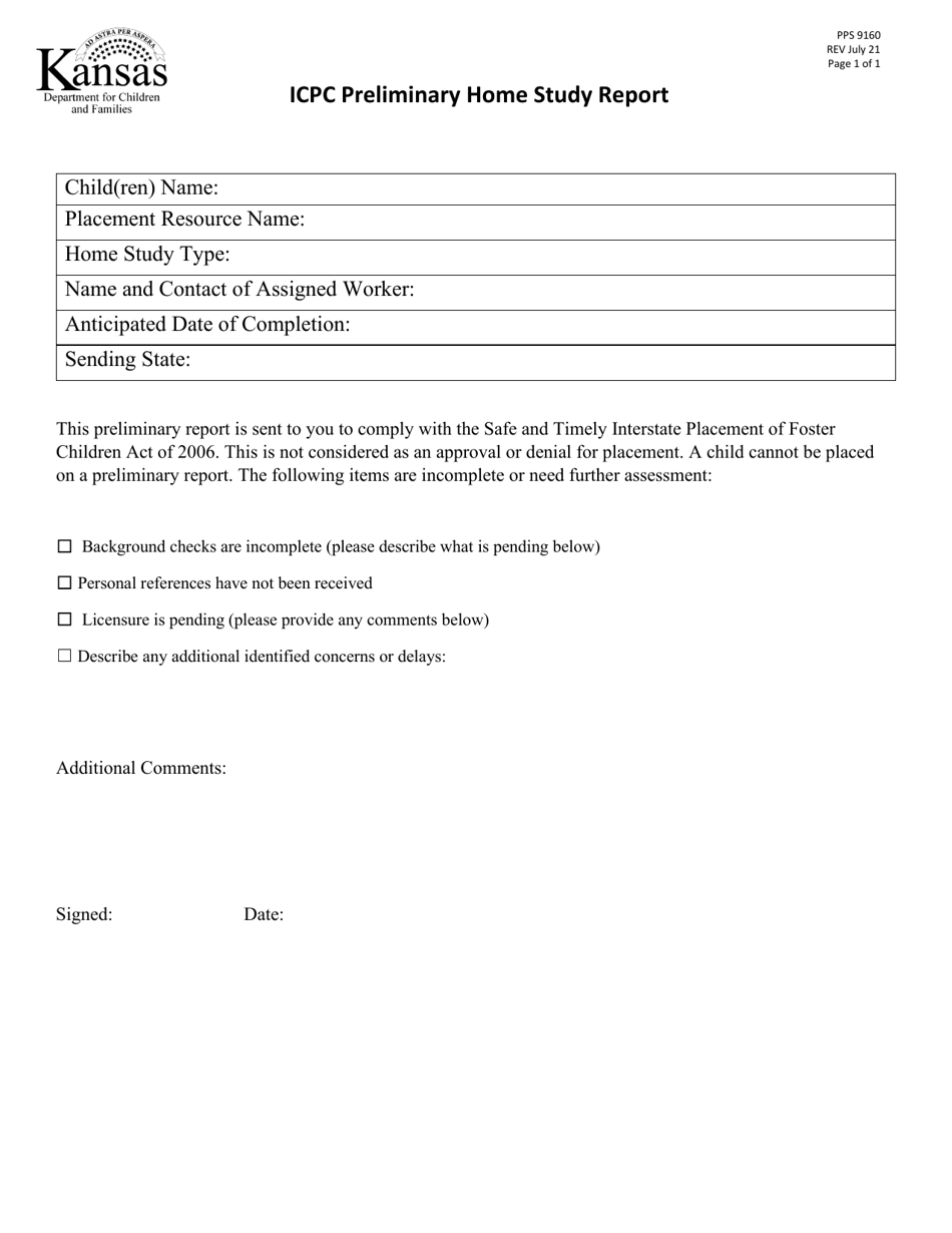 Form PPS9160 Icpc Preliminary Home Study Report - Kansas, Page 1