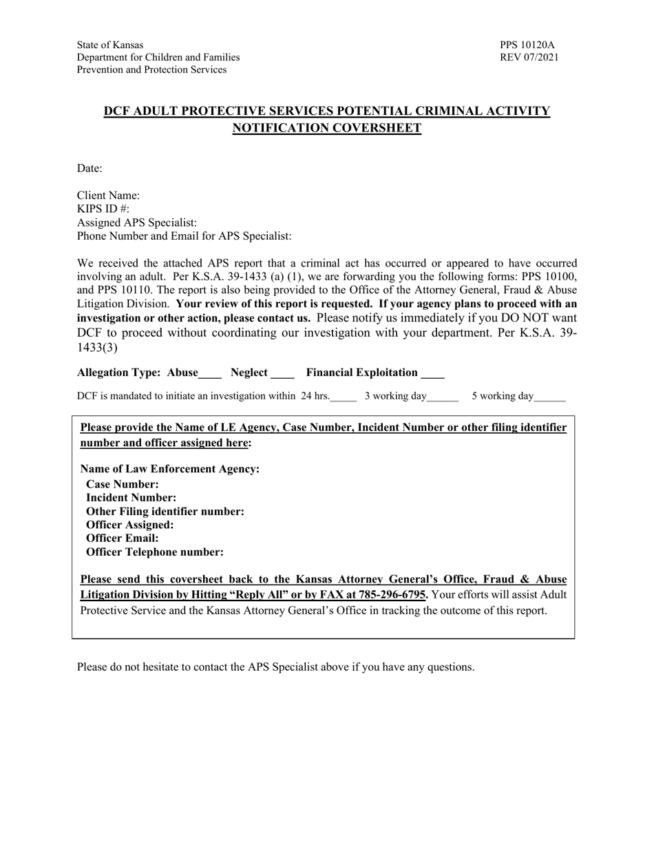 Form PPS10120A Potential Criminal Activity Notification Coversheet - Kansas, Page 1