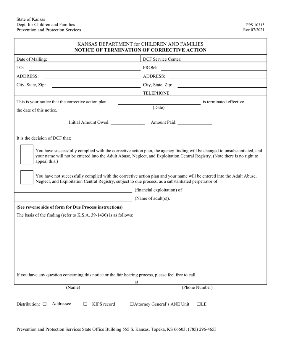 Form PPS10315 Notice of Termination of Corrective Action - Kansas, Page 1
