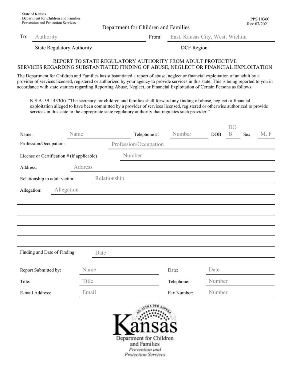 Form PPS10360 Report to State Regulatory Authority From Adult Protective Services Regarding Substantiated Finding of Abuse, Neglect or Financial Exploitation - Kansas, Page 1