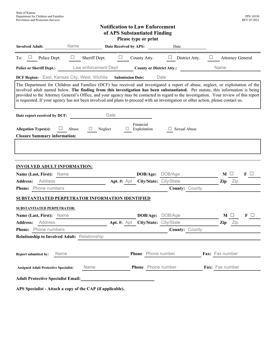 Form PPS10350 Notification to Law Enforcement of Aps Substantiated Finding - Kansas, Page 1