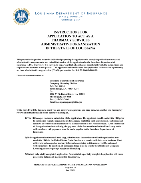 Application to Act as a Pharmacy Services Administrative Organization in the State of Louisiana - Louisiana Download Pdf