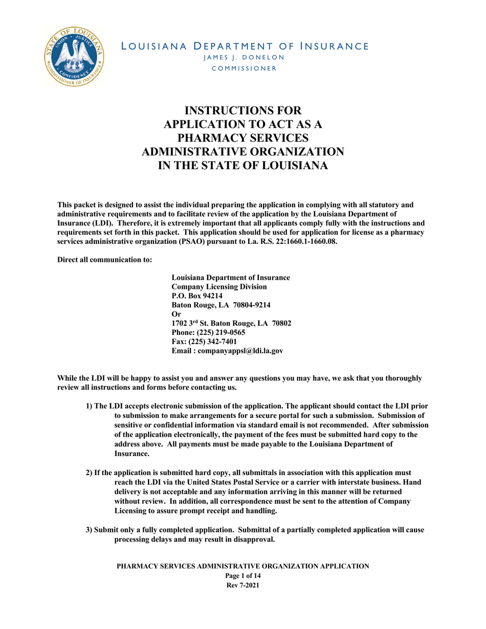 Application to Act as a Pharmacy Services Administrative Organization in the State of Louisiana - Louisiana, Page 1