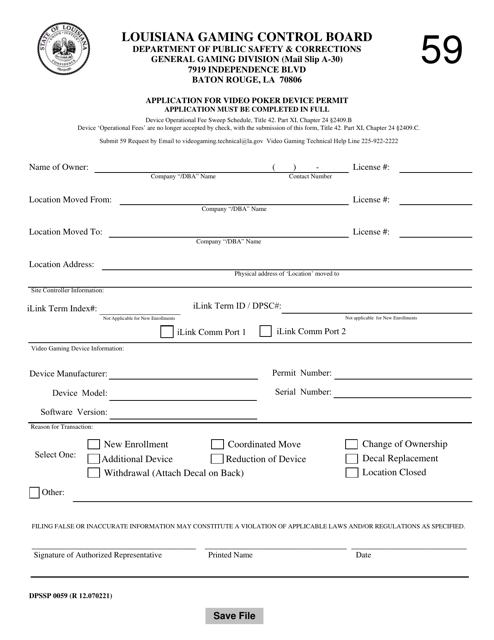 Form DPSSP0059 Application for Video Poker Device Permit - Louisiana