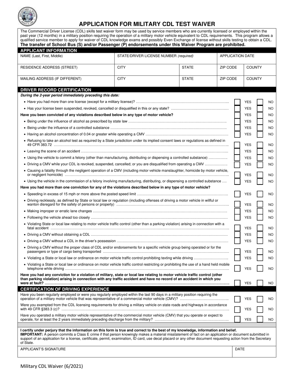 Application for Military Cdl Test Waiver - Maine, Page 1