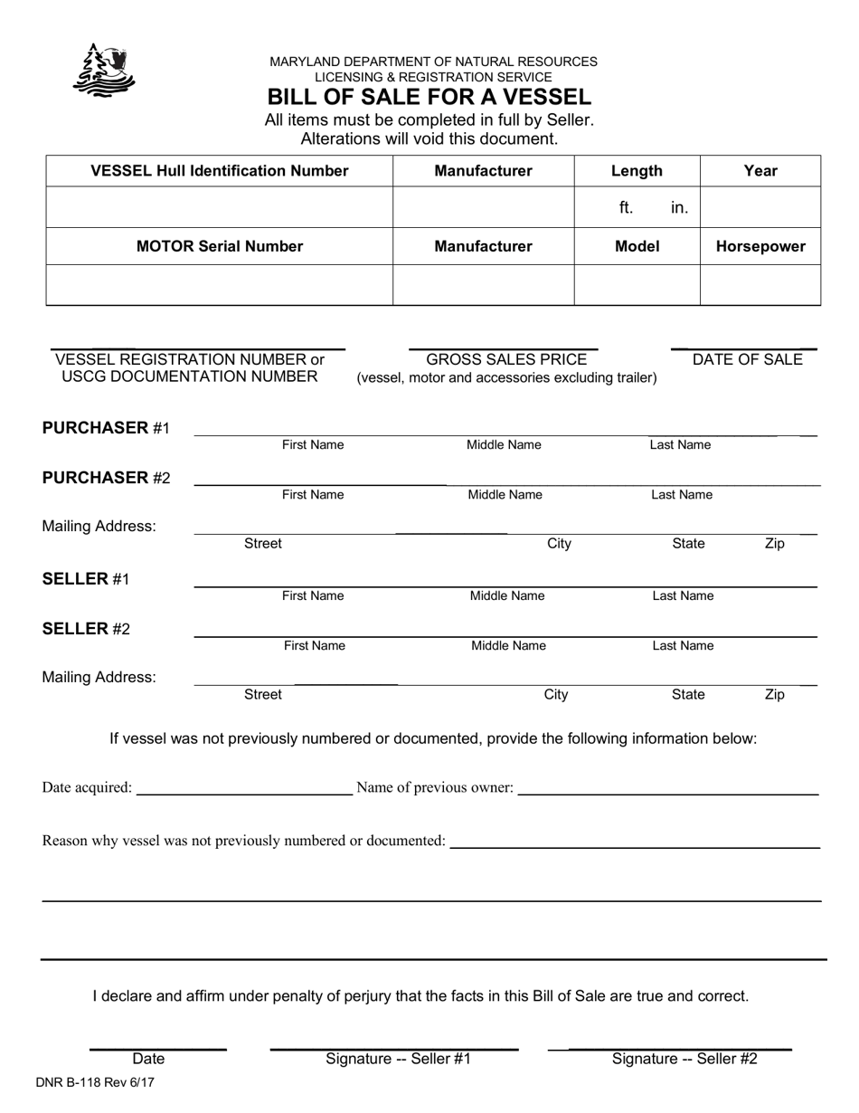 DNR Form B 118 Download Fillable PDF Or Fill Online Bill Of Sale For A 