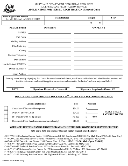 DNR Form B-201A Application for Vessel Registration (Renewal Only) - Maryland
