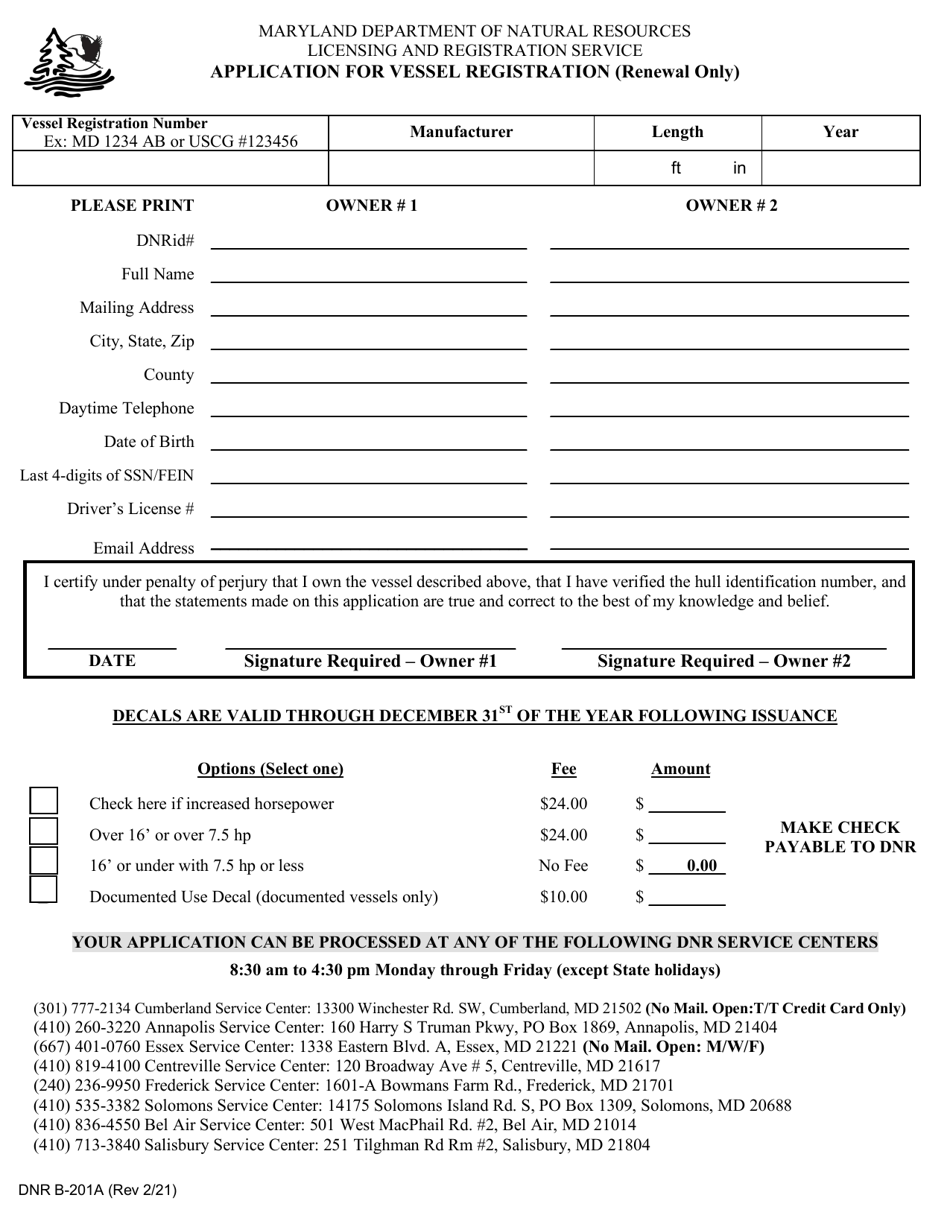 DNR Form B-201A Application for Vessel Registration (Renewal Only) - Maryland, Page 1