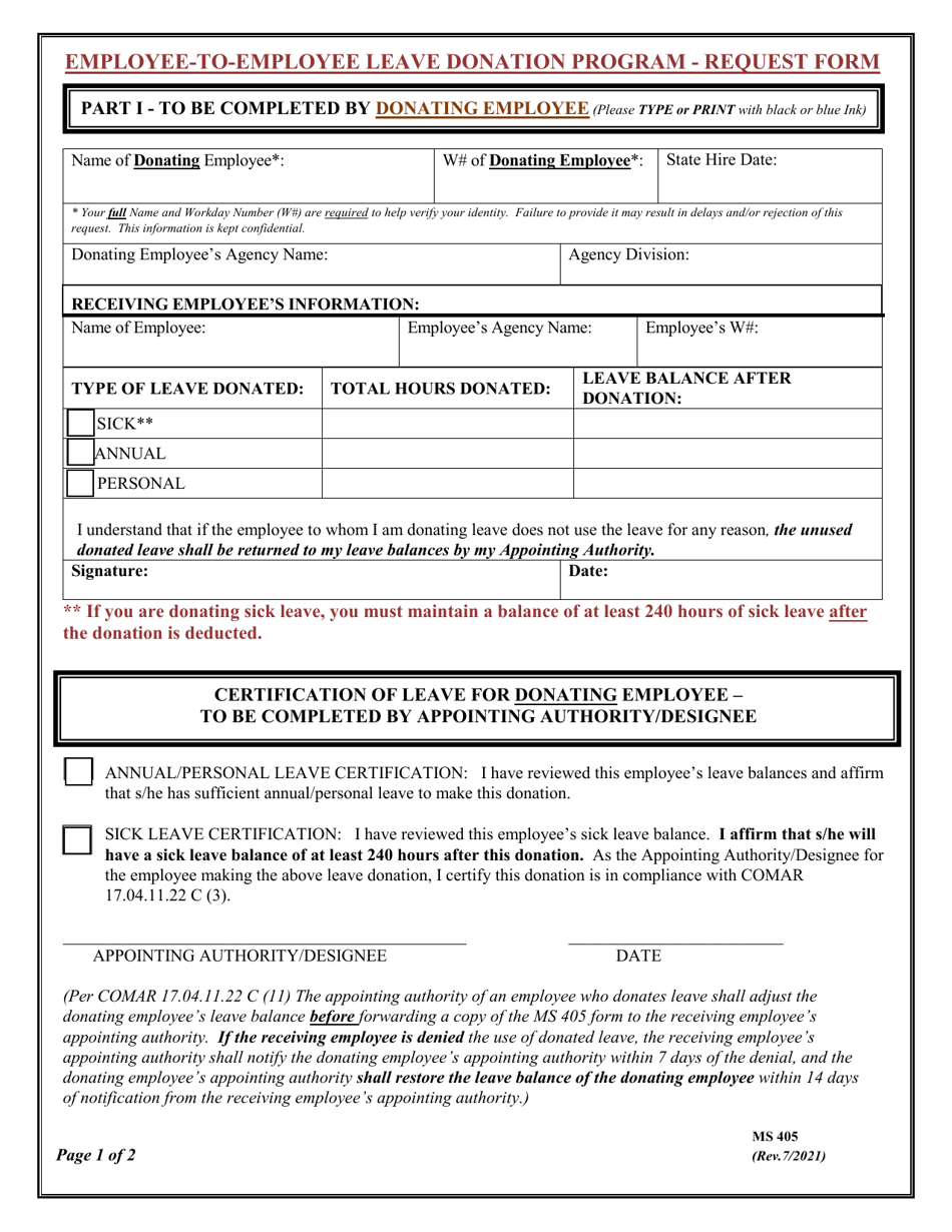 Form MS405 Request Form - Employee-To-Employee Leave Donation Program - Maryland, Page 1