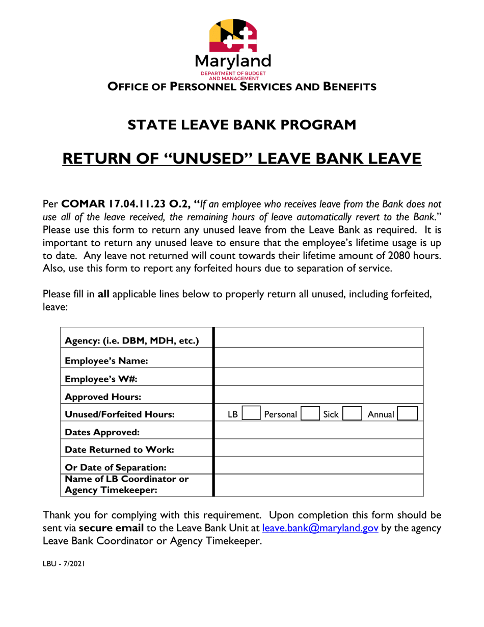 Maryland Return of "unused" Leave Bank Leave Fill Out, Sign Online