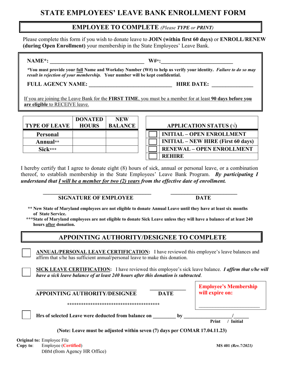 Form MS401 State Employees Leave Bank Enrollment Form - Maryland, Page 1