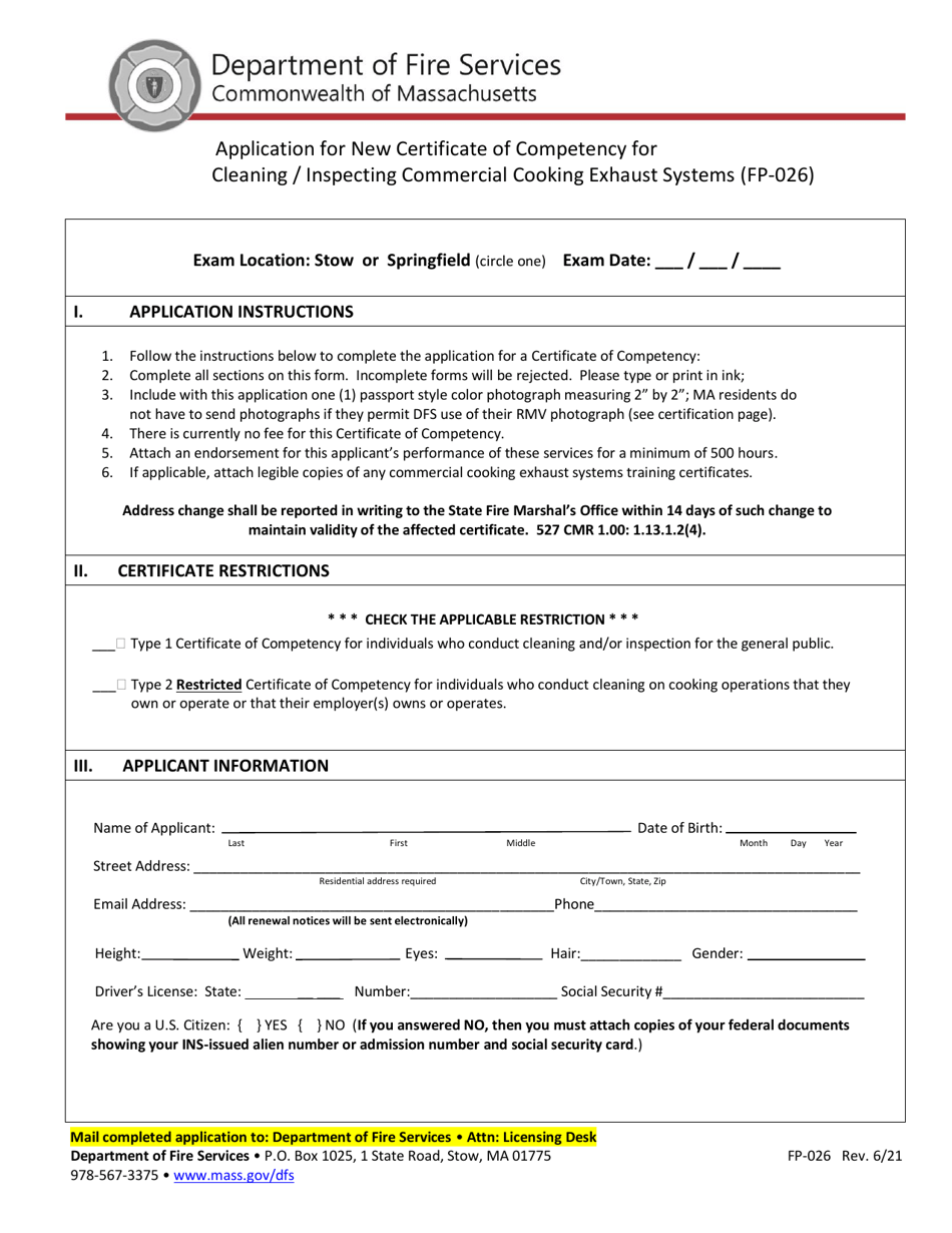 Form FP-026 Application for New Certificate of Competency for Cleaning / Inspecting Commercial Cooking Exhaust Systems - Massachusetts, Page 1