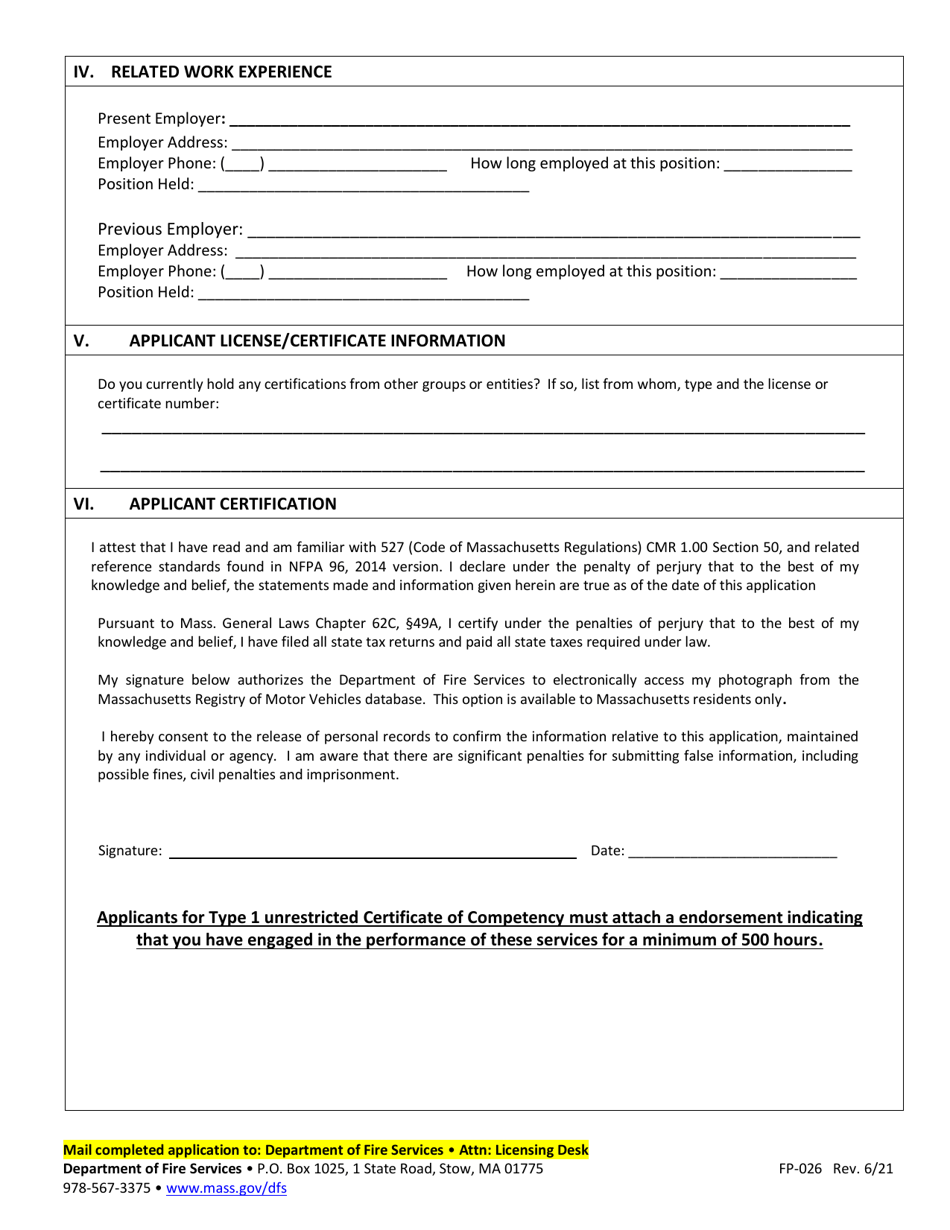 Form FP-026 Application for New Certificate of Competency for Cleaning / Inspecting Commercial Cooking Exhaust Systems - Massachusetts, Page 2