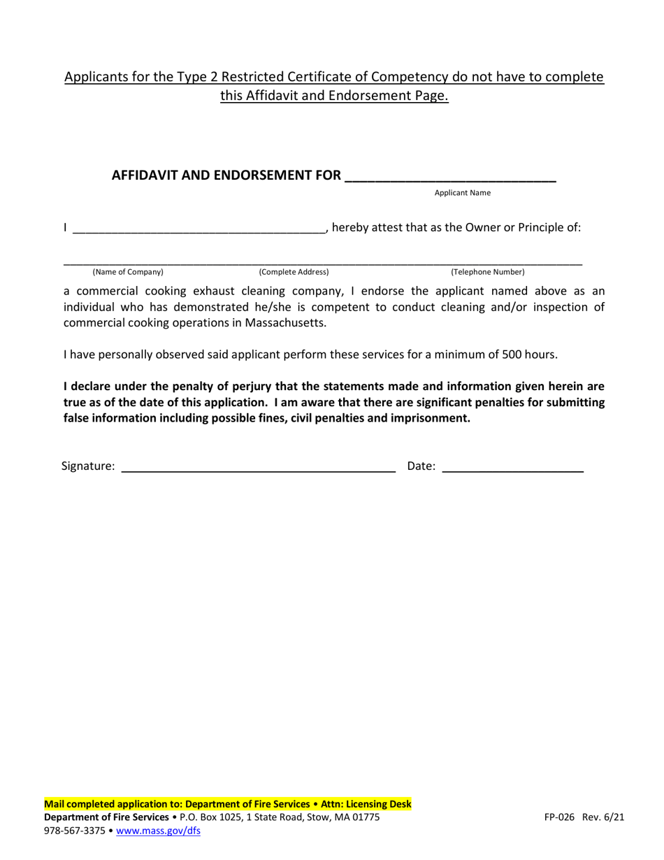 Form FP-026 Application for New Certificate of Competency for Cleaning / Inspecting Commercial Cooking Exhaust Systems - Massachusetts, Page 3