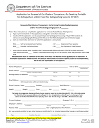 Form FP-087 &quot;Application for Renewal of Certificate of Competency for Servicing Portable Fire Extinguishers and/or Fixed Fire Extinguishing Systems&quot; - Massachusetts