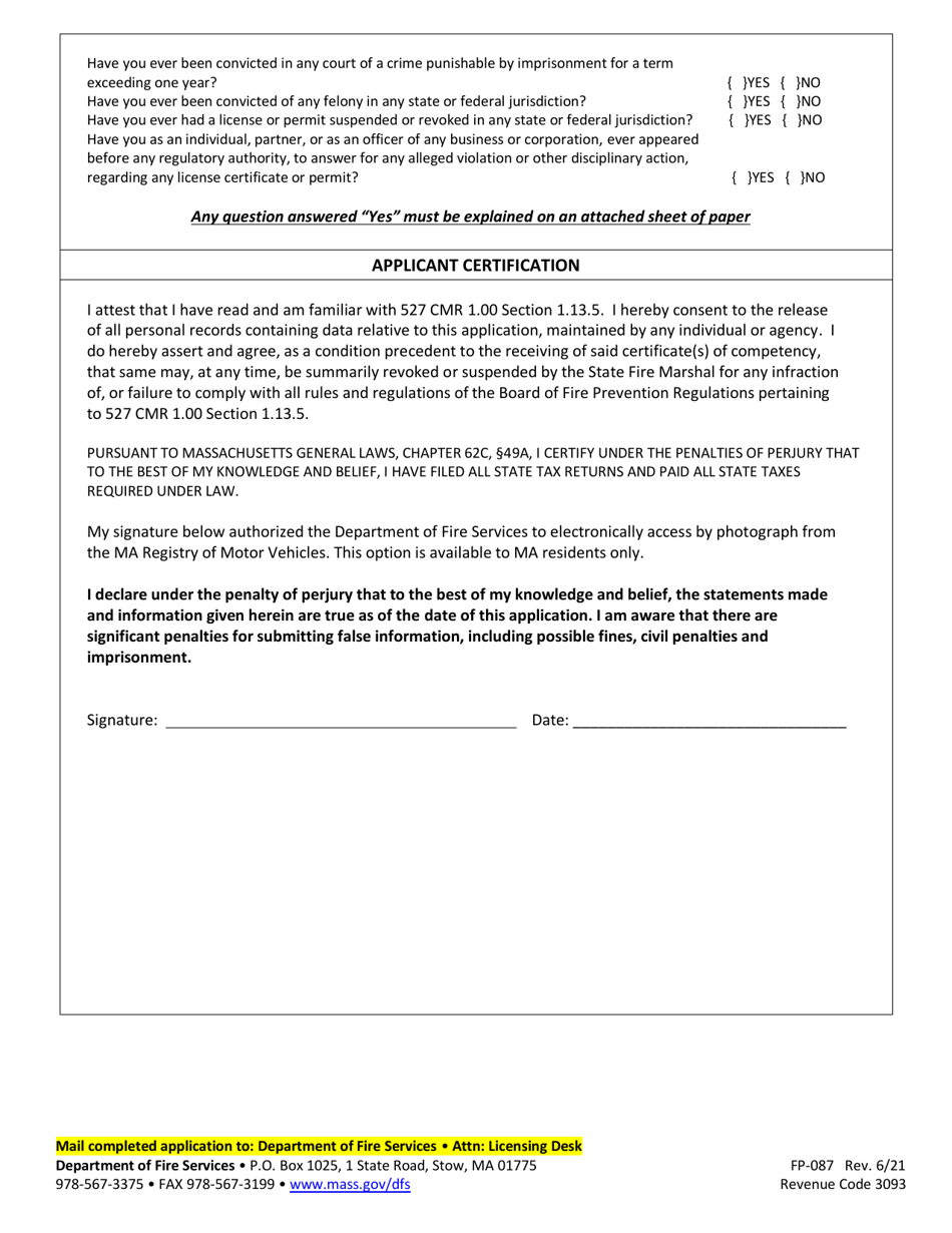 Form FP-087 Application for Renewal of Certificate of Competency for Servicing Portable Fire Extinguishers and / or Fixed Fire Extinguishing Systems - Massachusetts, Page 2
