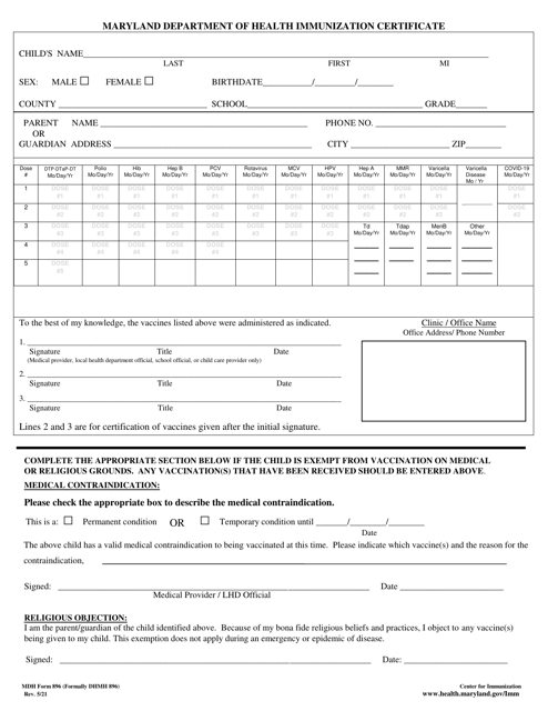 MDH Form 896 Immunization Certificate - Maryland