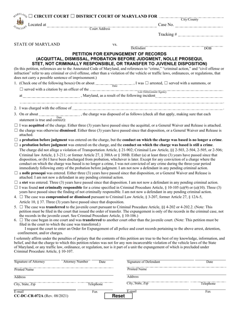 Form CC-DC-CR-072A Petition for Expungement of Records (Acquittal, Dismissal, Probation Before Judgment, Nolle Prosequi, Stet, Not Criminally Responsible, or Transfer to Juvenile Disposition) - Maryland