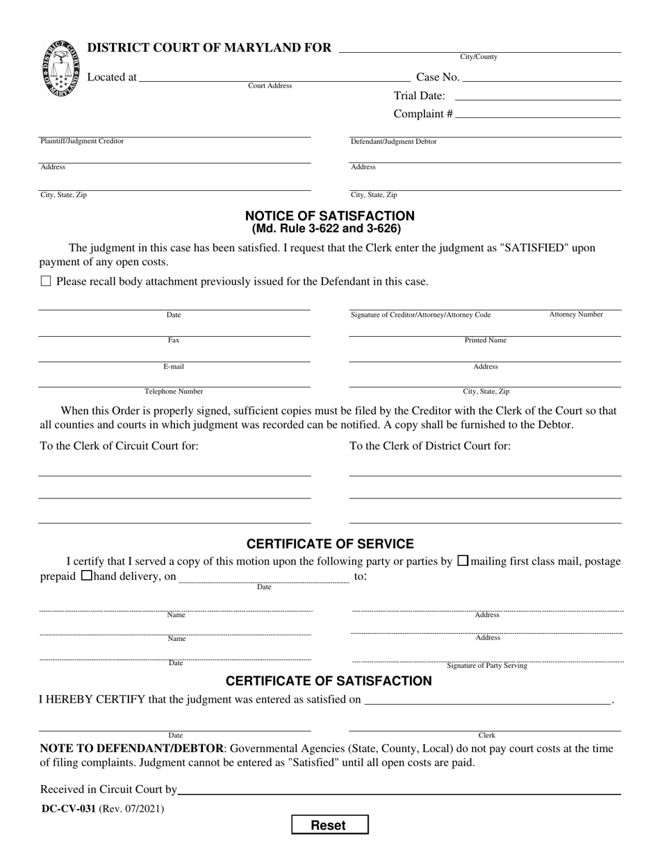 Form DC-CV-031 Notice of Satisfaction - Maryland, Page 1
