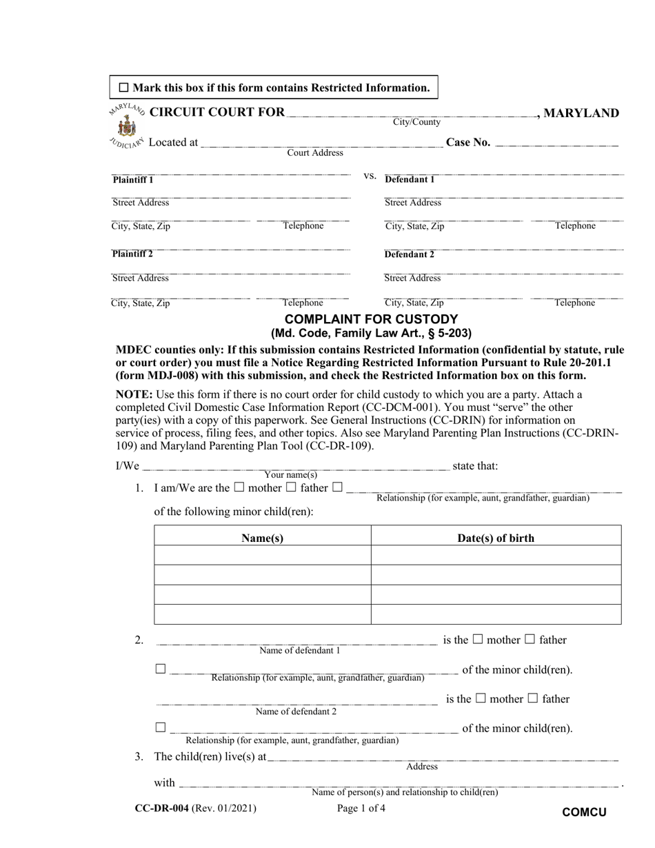 Form CC-DR-004 Complaint for Custody - Maryland, Page 1