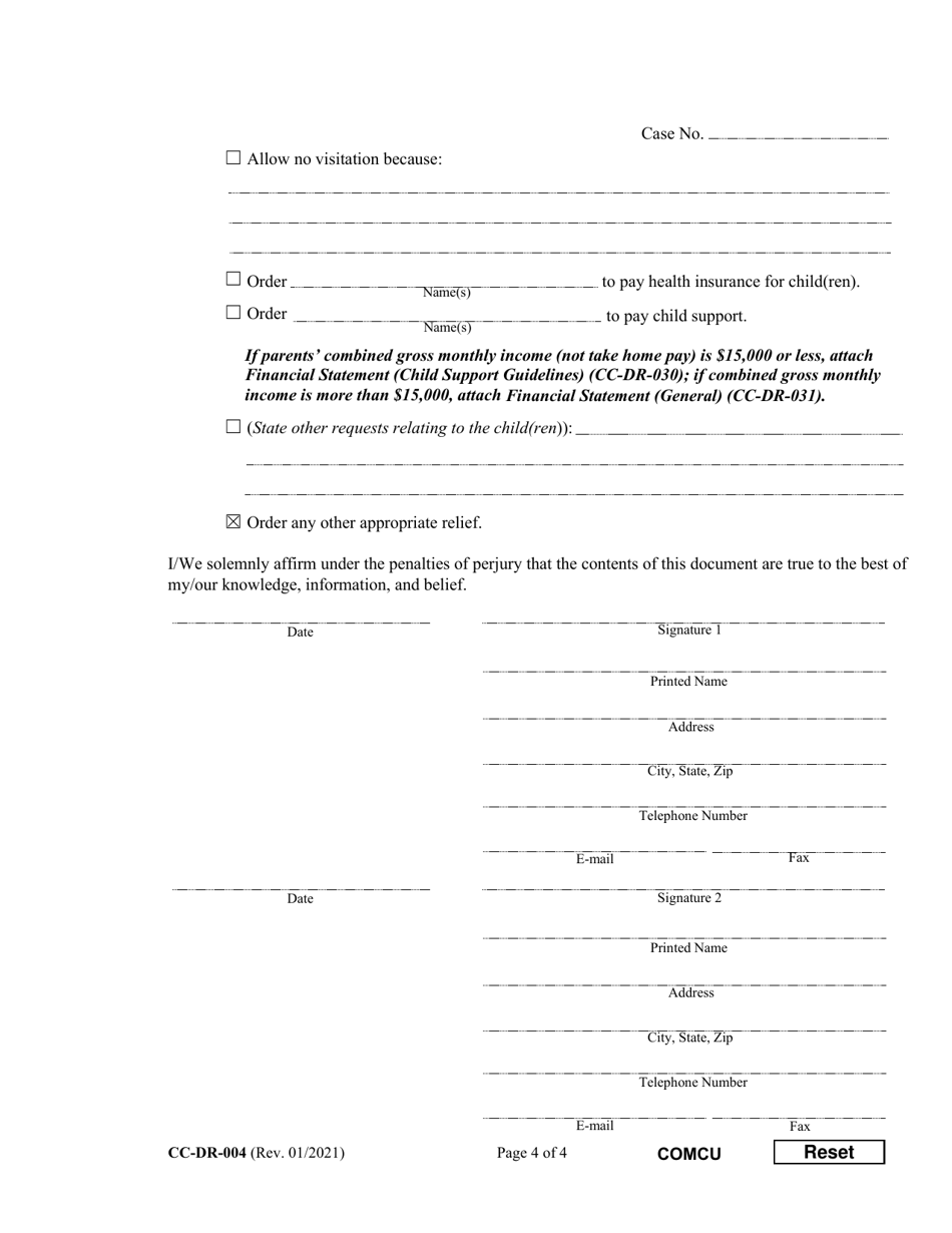 Form CC-DR-004 Complaint for Custody - Maryland, Page 4