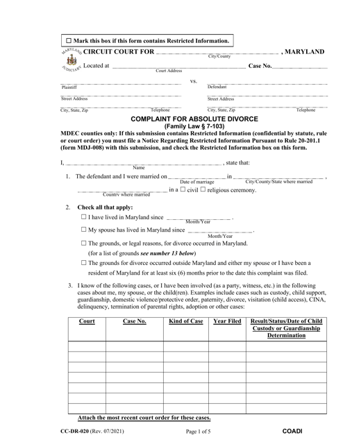 Form CC-DR-020  Printable Pdf