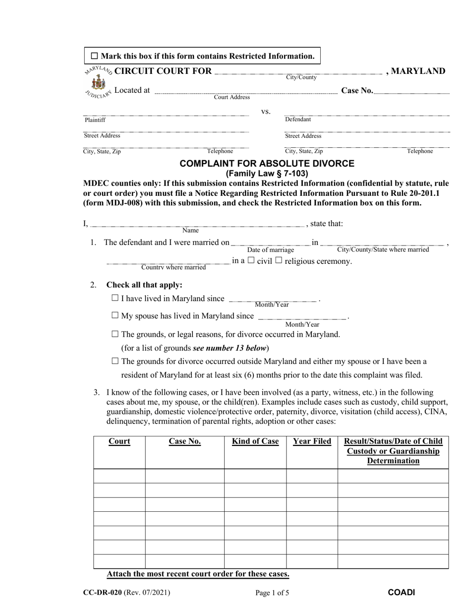 Form CC-DR-020 Complaint for Absolute Divorce - Maryland, Page 1