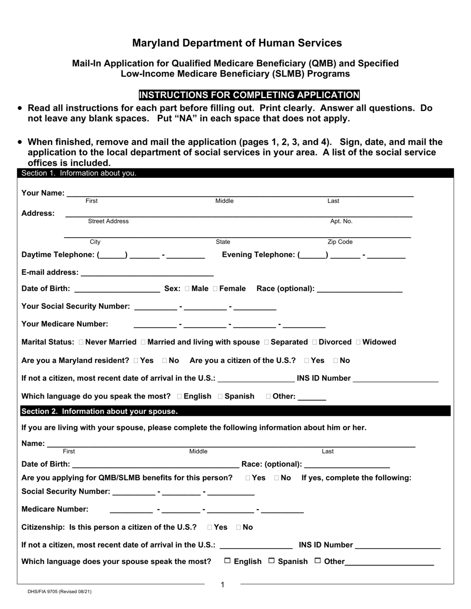 Form DHS / FIA9705 Mail-In Application for Qualified Medicare Beneficiary (Qmb) and Specified Low-Income Medicare Beneficiary (Slmb) Programs - Maryland, Page 3