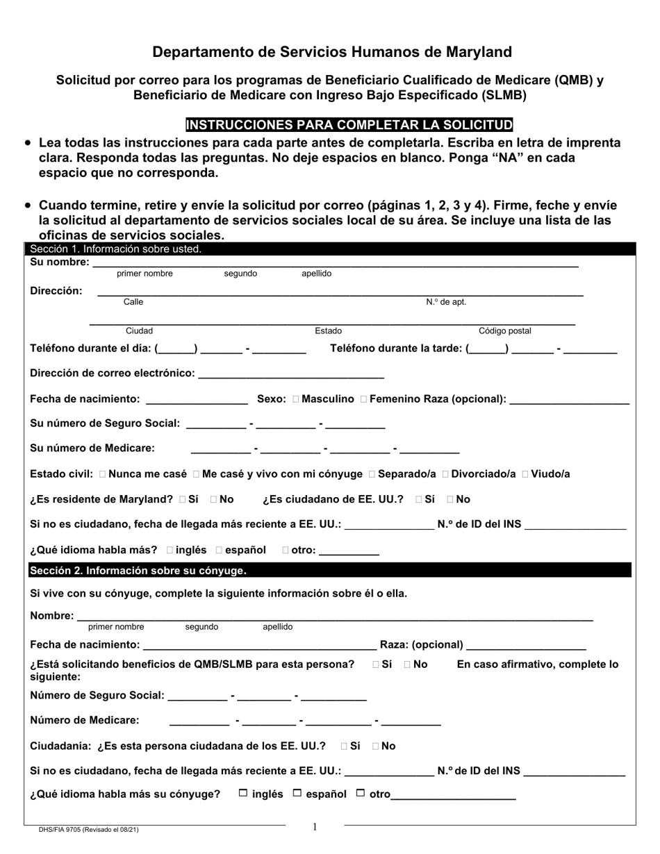 Formulario DHS / FIA9705 Solicitud Por Correo Para Los Programas De Beneficiario Cualificado De Medicare (Qmb) Y Beneficiario De Medicare Con Ingreso Bajo Especificado (Slmb) - Maryland (Spanish), Page 3