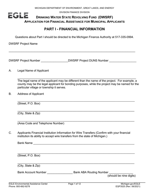 Form EQP3525 Drinking Water State Revolving Fund (Dwsrf) Application for Financial Assistance for Municipal Applicants - Michigan