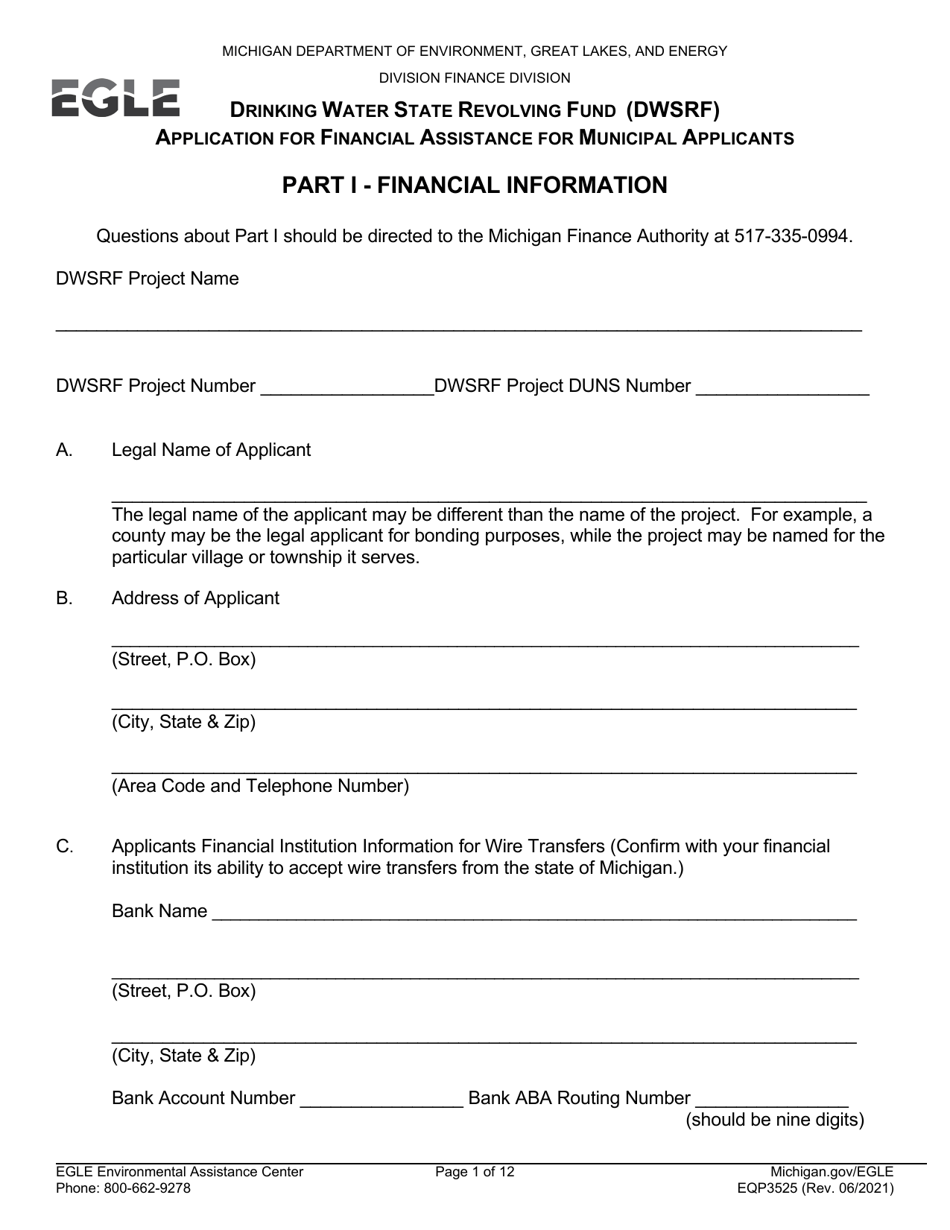 Form EQP3525 Drinking Water State Revolving Fund (Dwsrf) Application for Financial Assistance for Municipal Applicants - Michigan, Page 1