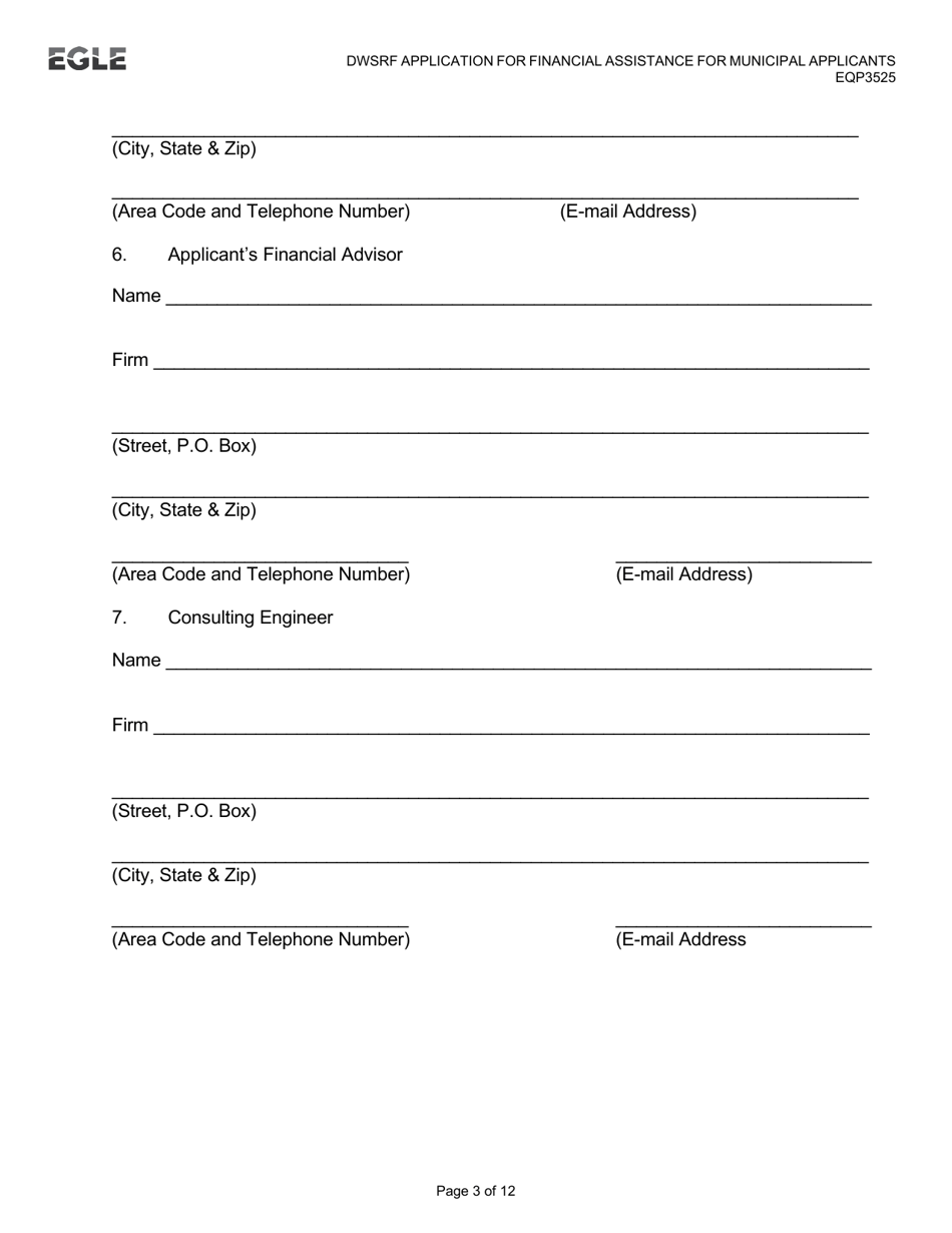 Form EQP3525 Drinking Water State Revolving Fund (Dwsrf) Application for Financial Assistance for Municipal Applicants - Michigan, Page 3