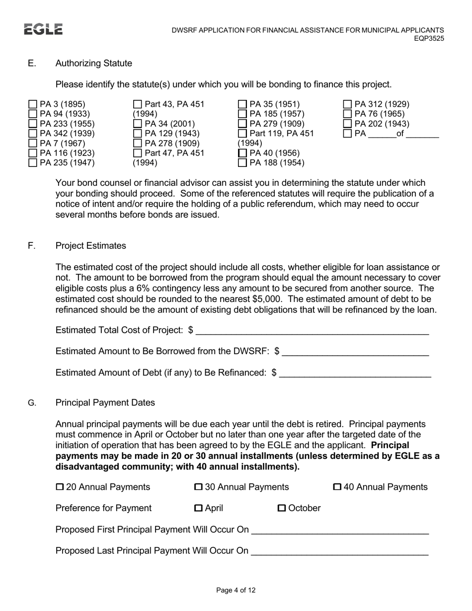 Form EQP3525 Drinking Water State Revolving Fund (Dwsrf) Application for Financial Assistance for Municipal Applicants - Michigan, Page 4