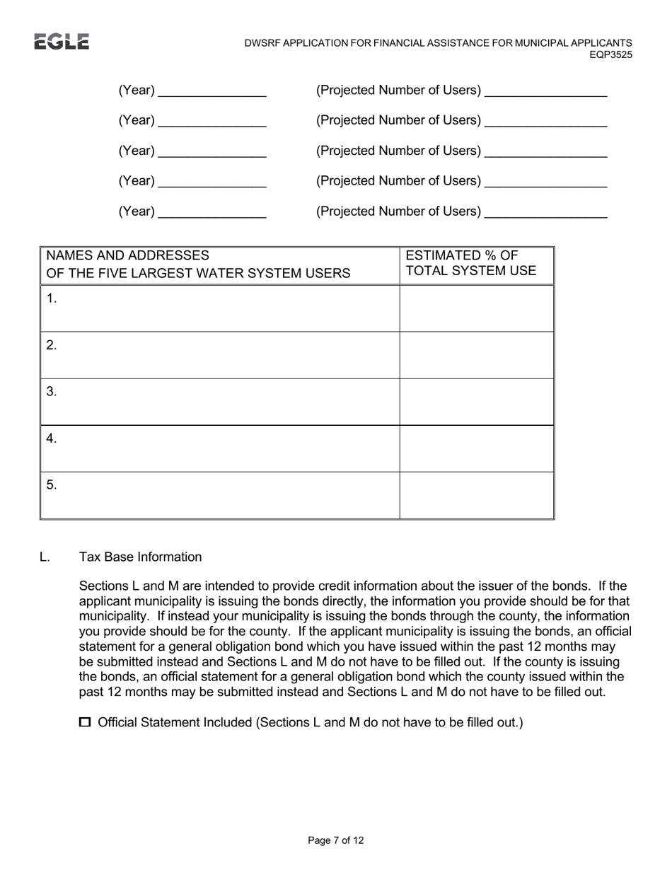 Form EQP3525 Drinking Water State Revolving Fund (Dwsrf) Application for Financial Assistance for Municipal Applicants - Michigan, Page 7