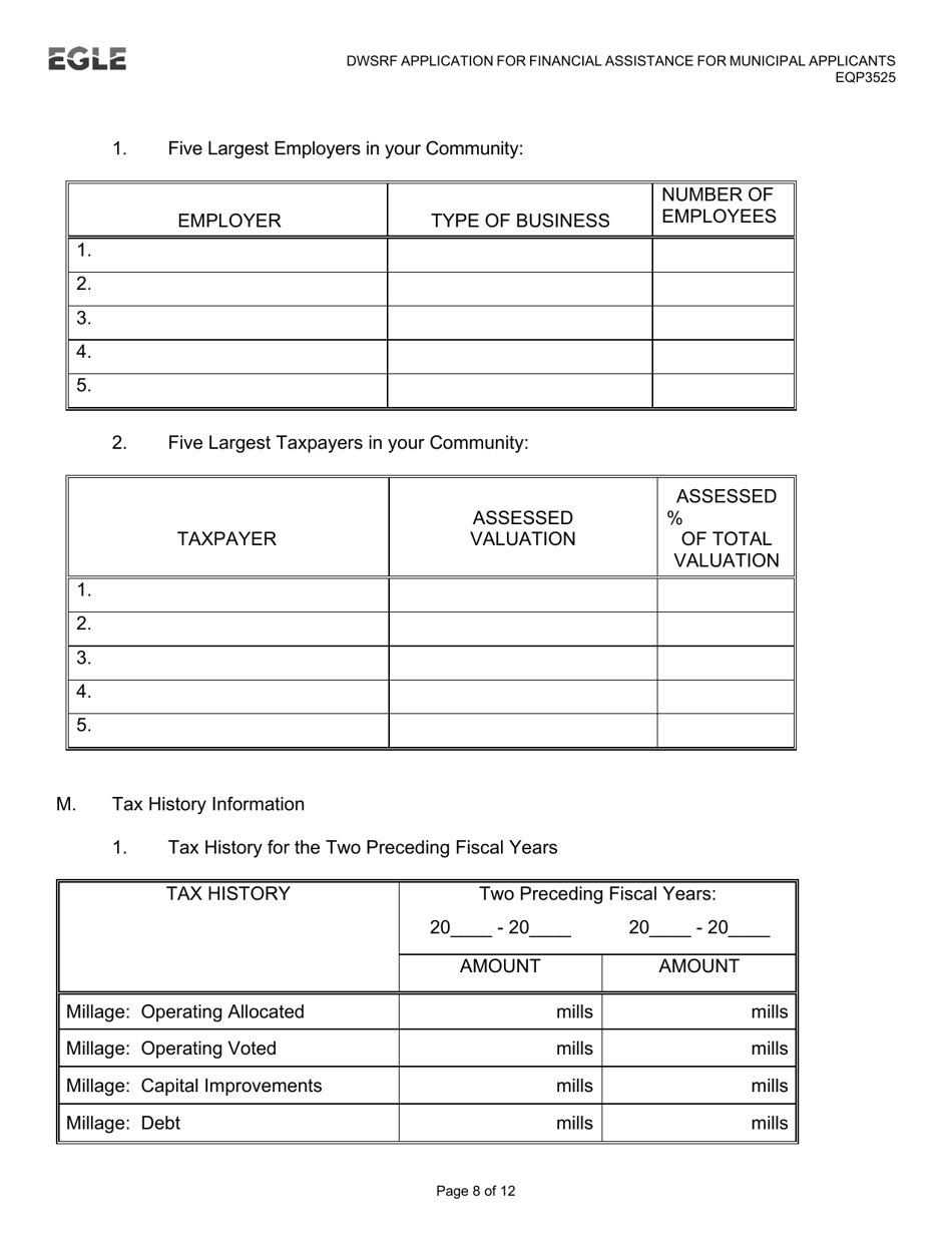Form EQP3525 Drinking Water State Revolving Fund (Dwsrf) Application for Financial Assistance for Municipal Applicants - Michigan, Page 8