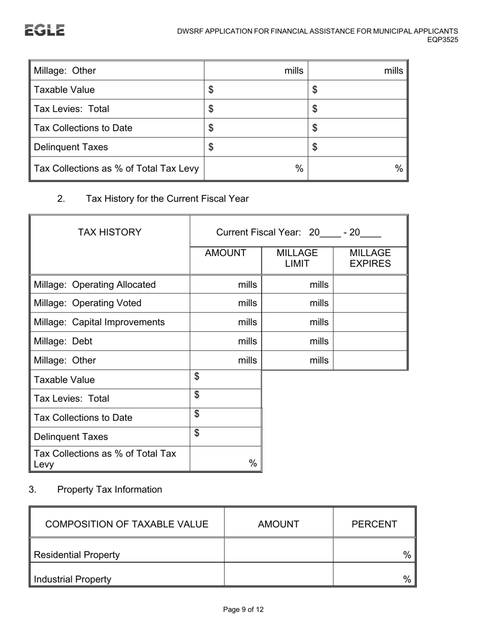 Form EQP3525 Drinking Water State Revolving Fund (Dwsrf) Application for Financial Assistance for Municipal Applicants - Michigan, Page 9