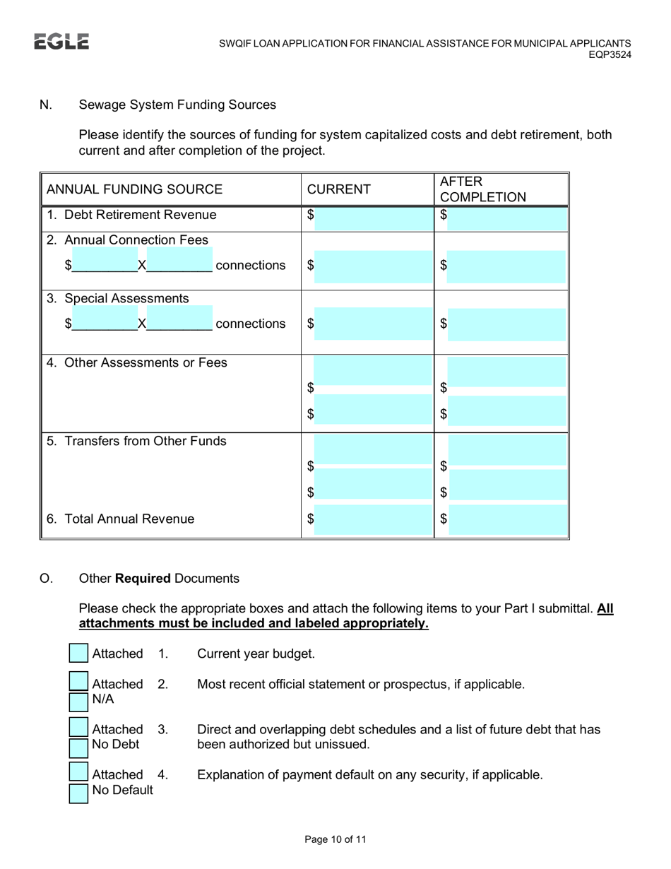 Form EQP3524 Clean Water State Revolving Fund (Cwsrf)  Strategic Water Quality Initiatives Fund (Swqif) Loan Application for Financial Assistance for Municipal Applicants - Michigan, Page 10