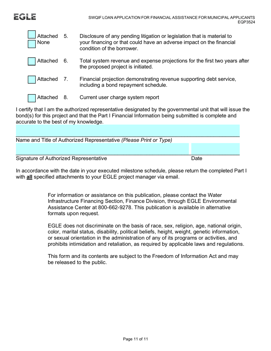 Form EQP3524 Clean Water State Revolving Fund (Cwsrf)  Strategic Water Quality Initiatives Fund (Swqif) Loan Application for Financial Assistance for Municipal Applicants - Michigan, Page 11