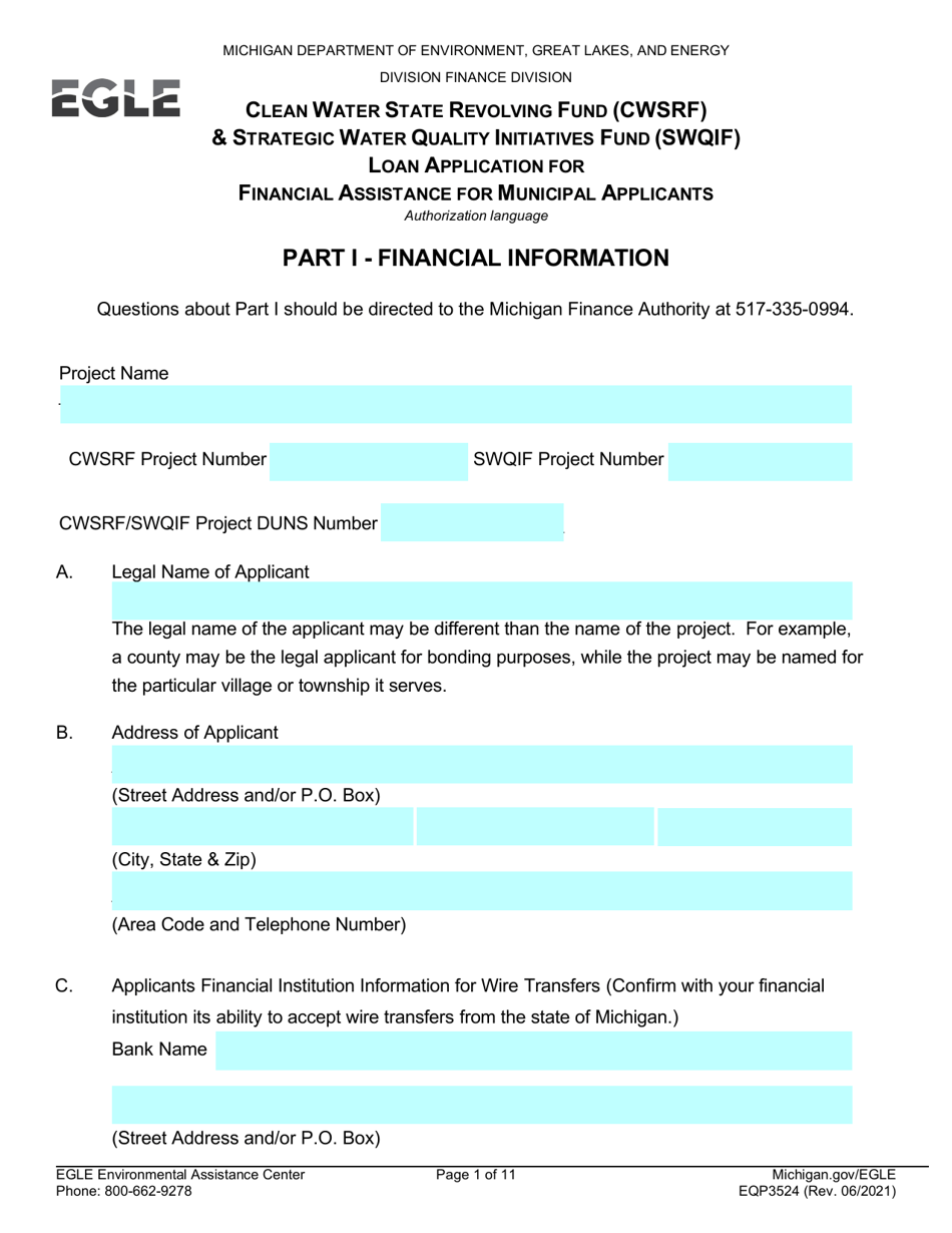 Form EQP3524 Clean Water State Revolving Fund (Cwsrf)  Strategic Water Quality Initiatives Fund (Swqif) Loan Application for Financial Assistance for Municipal Applicants - Michigan, Page 1