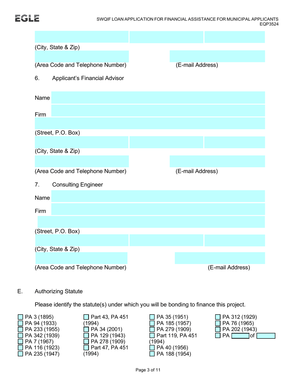 Form EQP3524 Clean Water State Revolving Fund (Cwsrf)  Strategic Water Quality Initiatives Fund (Swqif) Loan Application for Financial Assistance for Municipal Applicants - Michigan, Page 3
