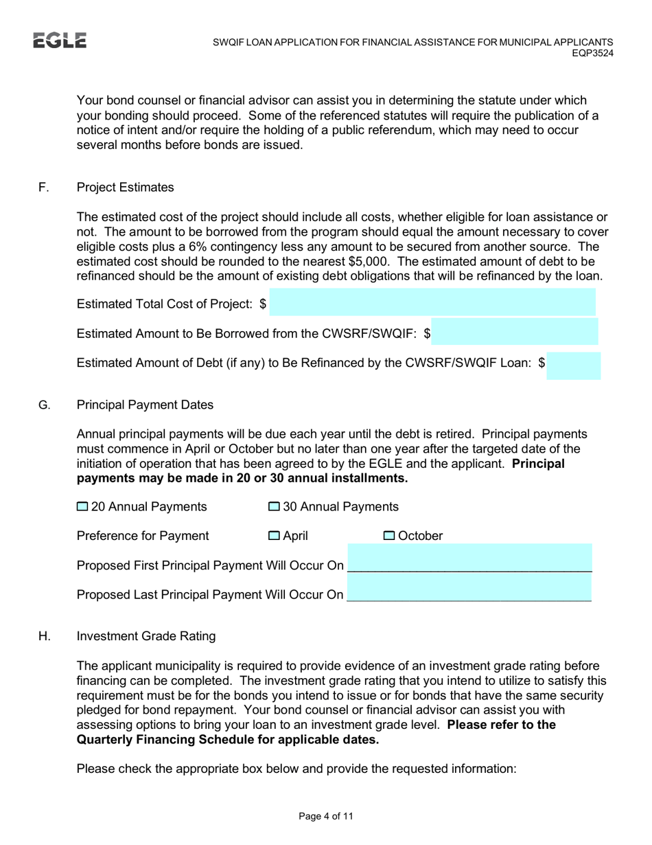 Form EQP3524 Clean Water State Revolving Fund (Cwsrf)  Strategic Water Quality Initiatives Fund (Swqif) Loan Application for Financial Assistance for Municipal Applicants - Michigan, Page 4