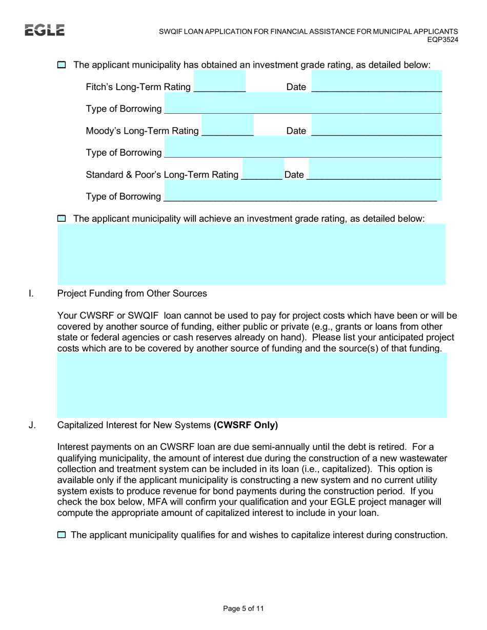 Form EQP3524 Clean Water State Revolving Fund (Cwsrf)  Strategic Water Quality Initiatives Fund (Swqif) Loan Application for Financial Assistance for Municipal Applicants - Michigan, Page 5