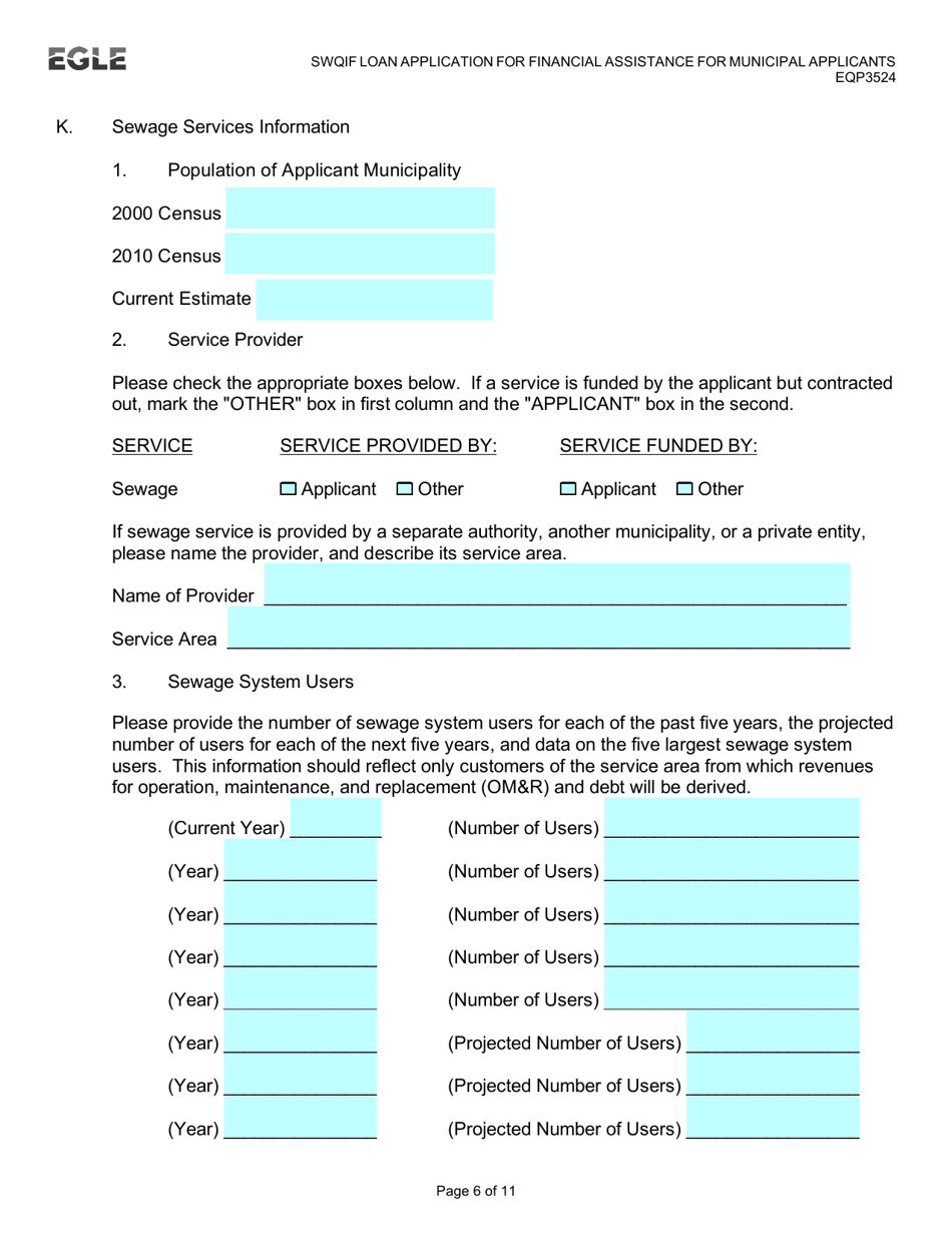Form EQP3524 Clean Water State Revolving Fund (Cwsrf)  Strategic Water Quality Initiatives Fund (Swqif) Loan Application for Financial Assistance for Municipal Applicants - Michigan, Page 6