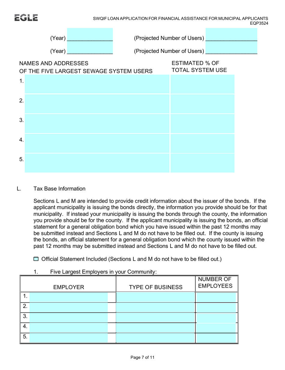 Form EQP3524 Clean Water State Revolving Fund (Cwsrf)  Strategic Water Quality Initiatives Fund (Swqif) Loan Application for Financial Assistance for Municipal Applicants - Michigan, Page 7