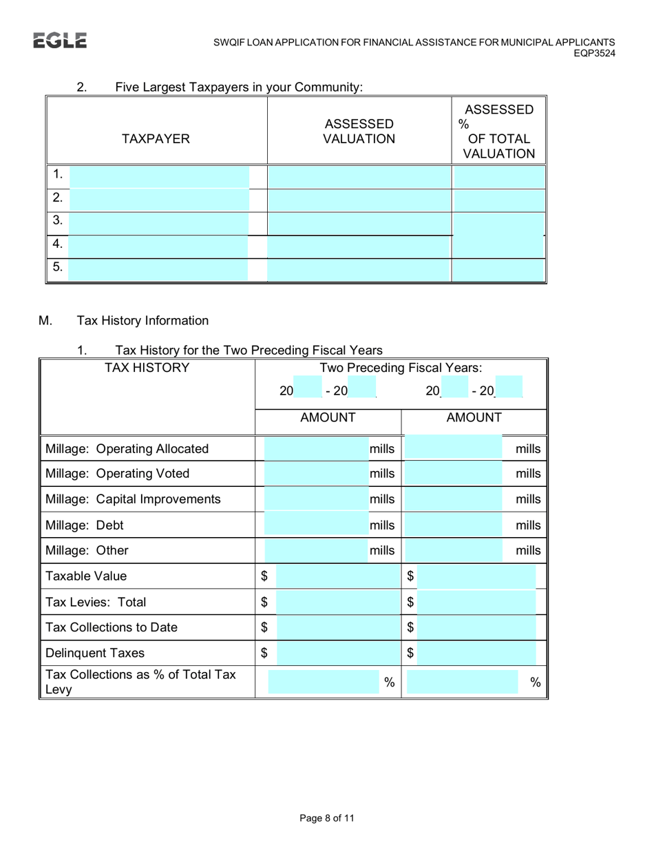 Form EQP3524 Clean Water State Revolving Fund (Cwsrf)  Strategic Water Quality Initiatives Fund (Swqif) Loan Application for Financial Assistance for Municipal Applicants - Michigan, Page 8