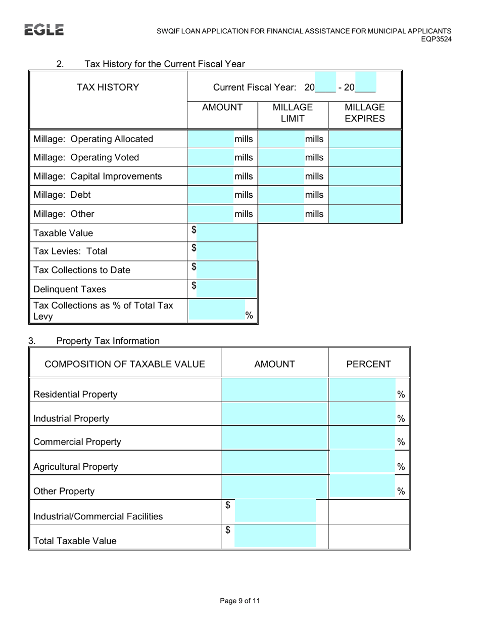 Form EQP3524 Clean Water State Revolving Fund (Cwsrf)  Strategic Water Quality Initiatives Fund (Swqif) Loan Application for Financial Assistance for Municipal Applicants - Michigan, Page 9