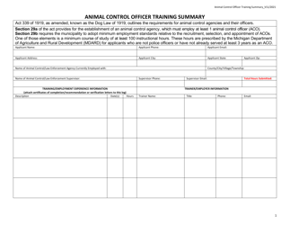 Document preview: Animal Control Officer Training Summary - Michigan