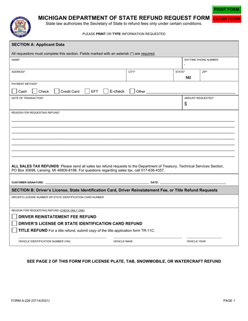 Form A-226 Michigan Department of State Refund Request Form - Michigan